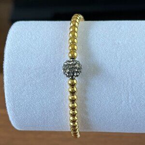 Rustic Cuff Goldtone Stainless and Pave Rhinestone Beaded Stretch Bracelet